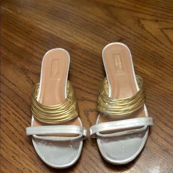 Aquazzura Shoes - Aquazzura Metallic Gold/Silver Leather Rendez Vous Flat Slides, size 41